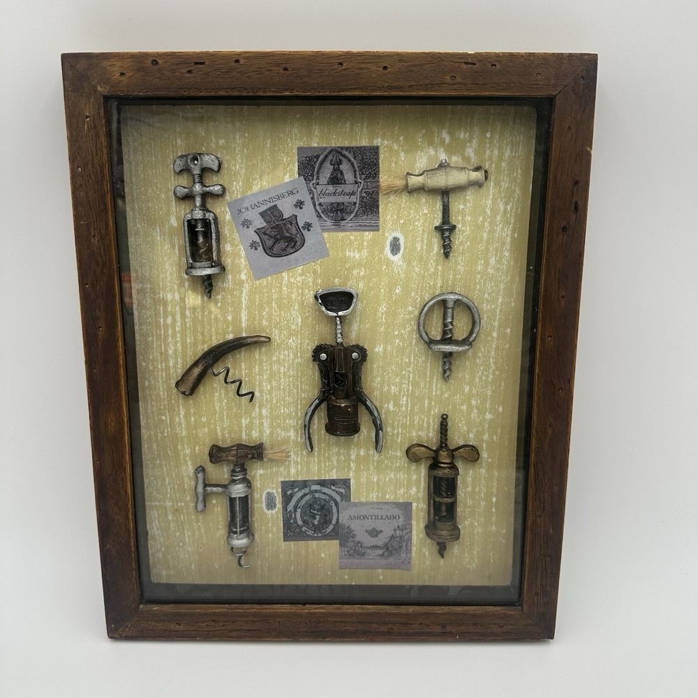 Vintage Framed Corkscrew Collection Shadow Box Wine Bar Wall Decor Display 13x11
